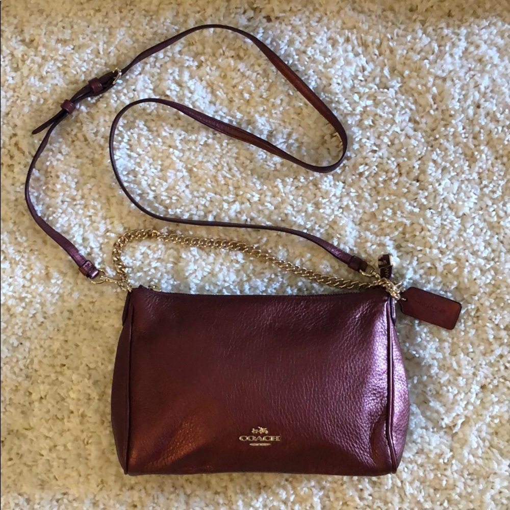 Coach - Maroon Leather Cross-Body Handbag.
